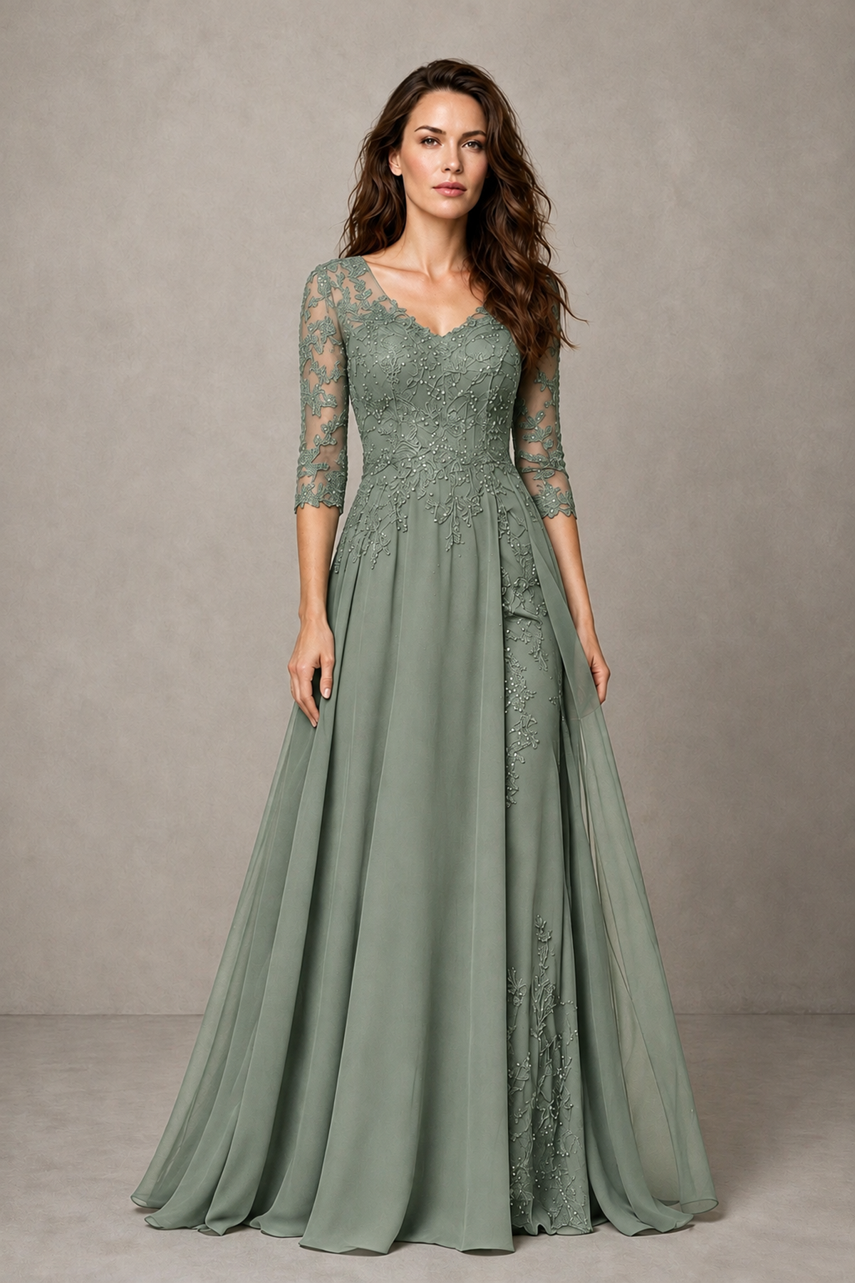 BOLODOO Midnight Dusty Sage Beaded Lace Appliqué Chiffon A-Line Gown | Mother of the Bride & Formal Evening Dress - Dusty Sage - Dusty Sage_1