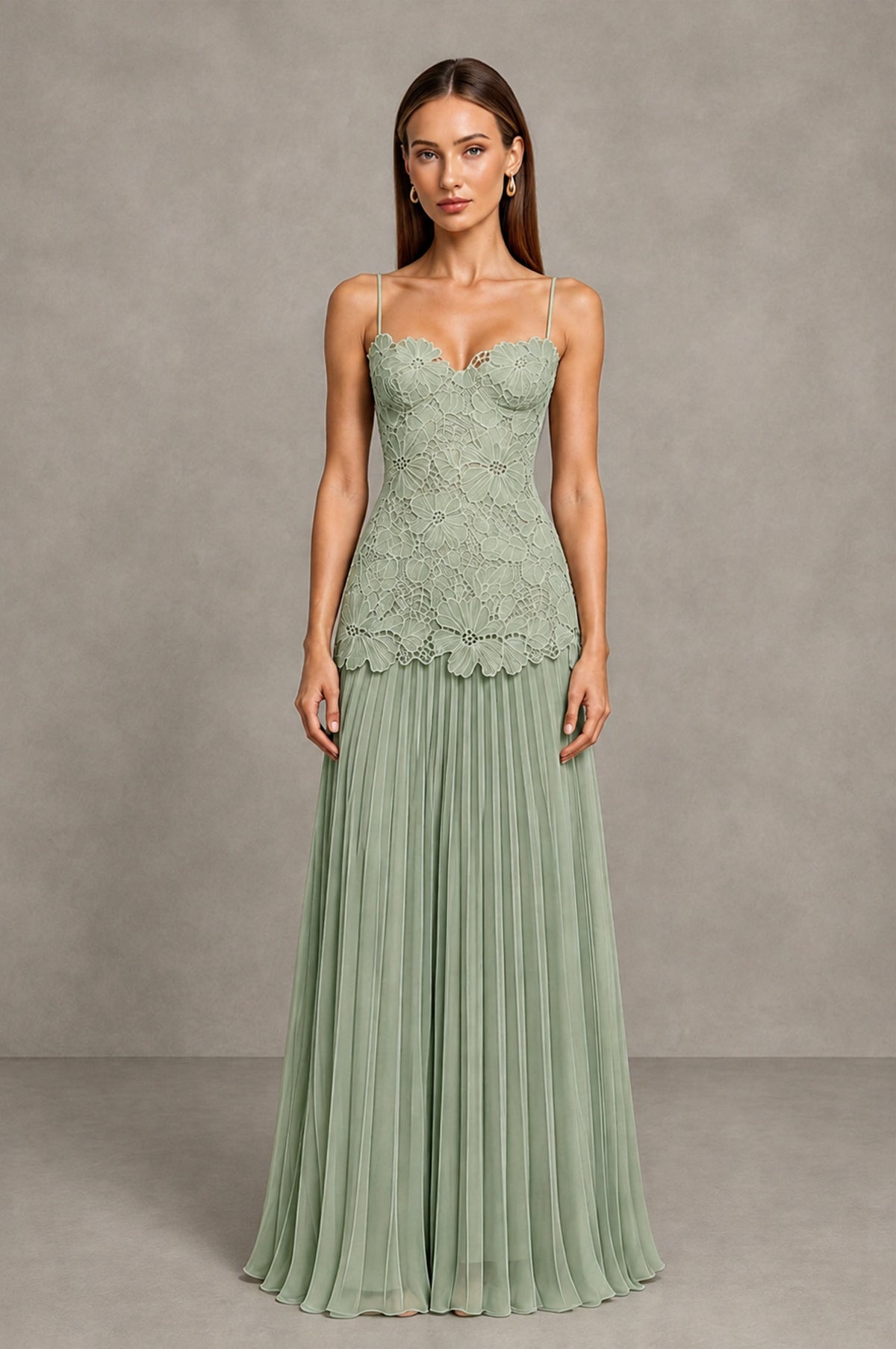 BOLODOO Dusty Sage Lace Bodice Pleated Wedding Guest Dress - Dusty Sage - Dusty Sage_1