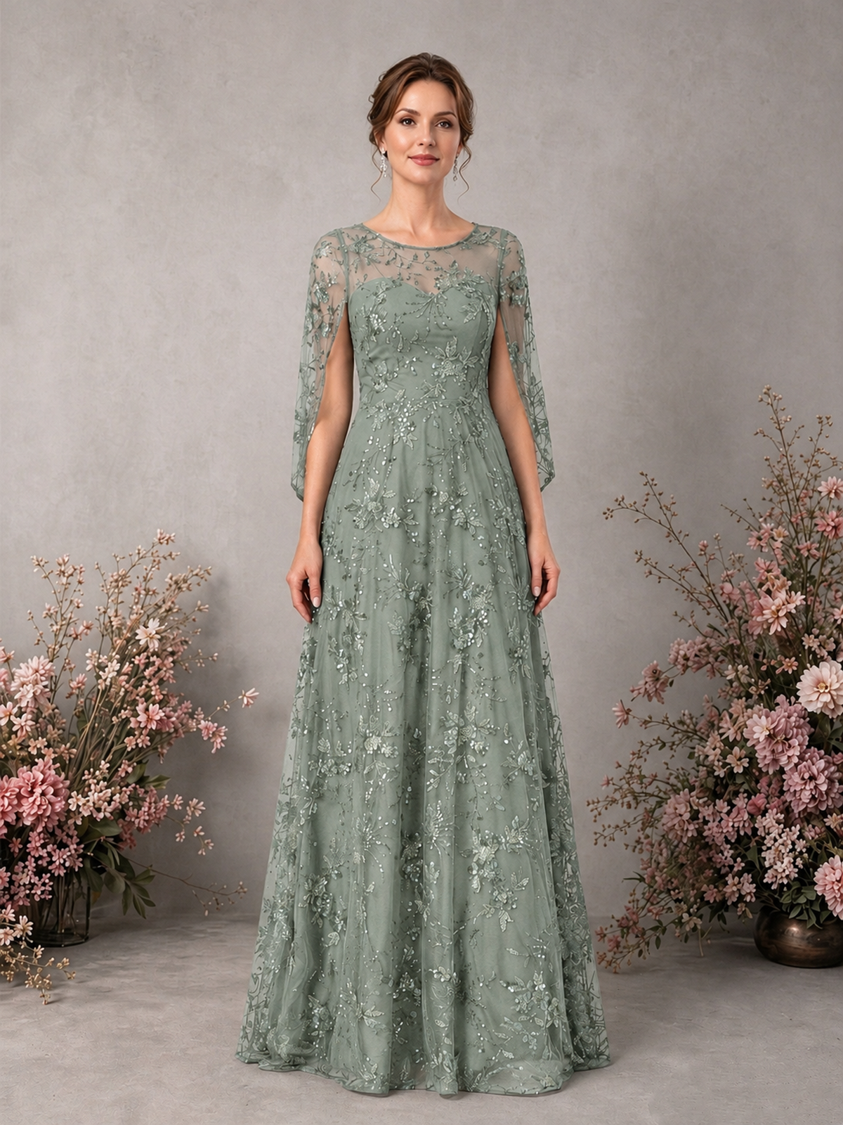 BOLODOO Dusty Sage Sequin Lace Cape Sleeve Formal Evening Gown - Dusty Sage - Dusty Sage_1