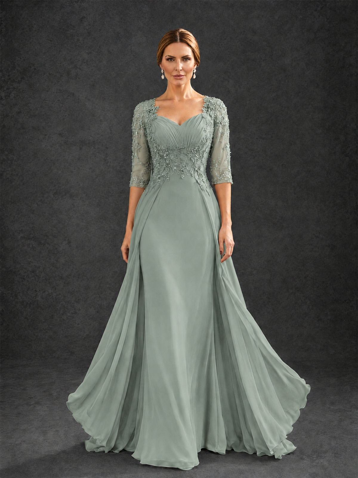BOLODOO Dusty Sage Sweetheart Neck 3/4 Sleeve Floral Lace Illusion Bodice Chiffon A-Line Gown - Dusty Sage - Dusty Sage_1