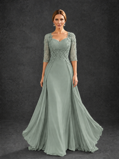 BOLODOO Dusty Sage Sweetheart Neck 3/4 Sleeve Floral Lace Illusion Bodice Chiffon A-Line Gown - Dusty Sage - Dusty Sage_1
