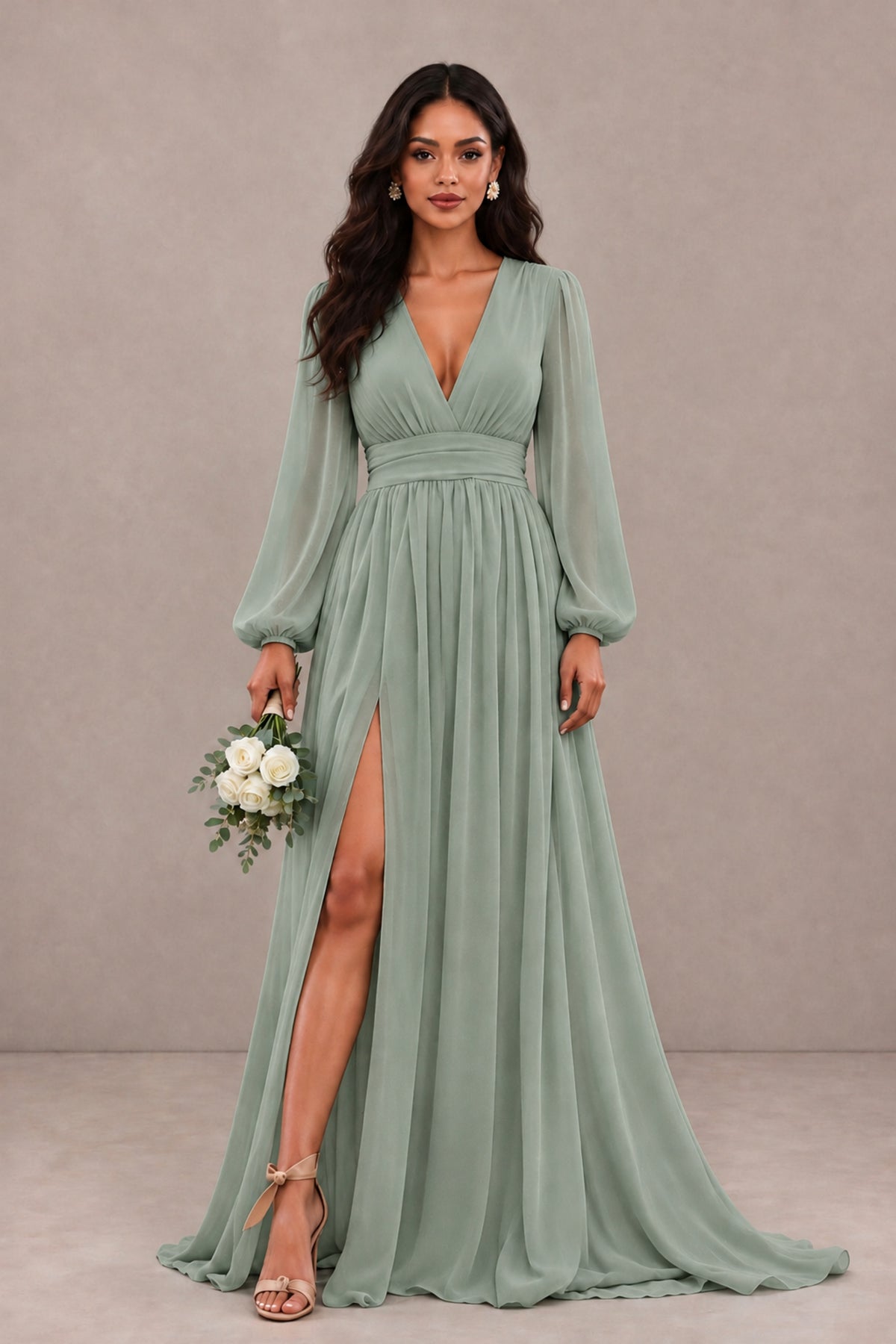BOLODOO Dusty Sage Long Sleeve V-Neck A-Line Gown with Open Back & Slit - Dusty Sage - Dusty Sage_1