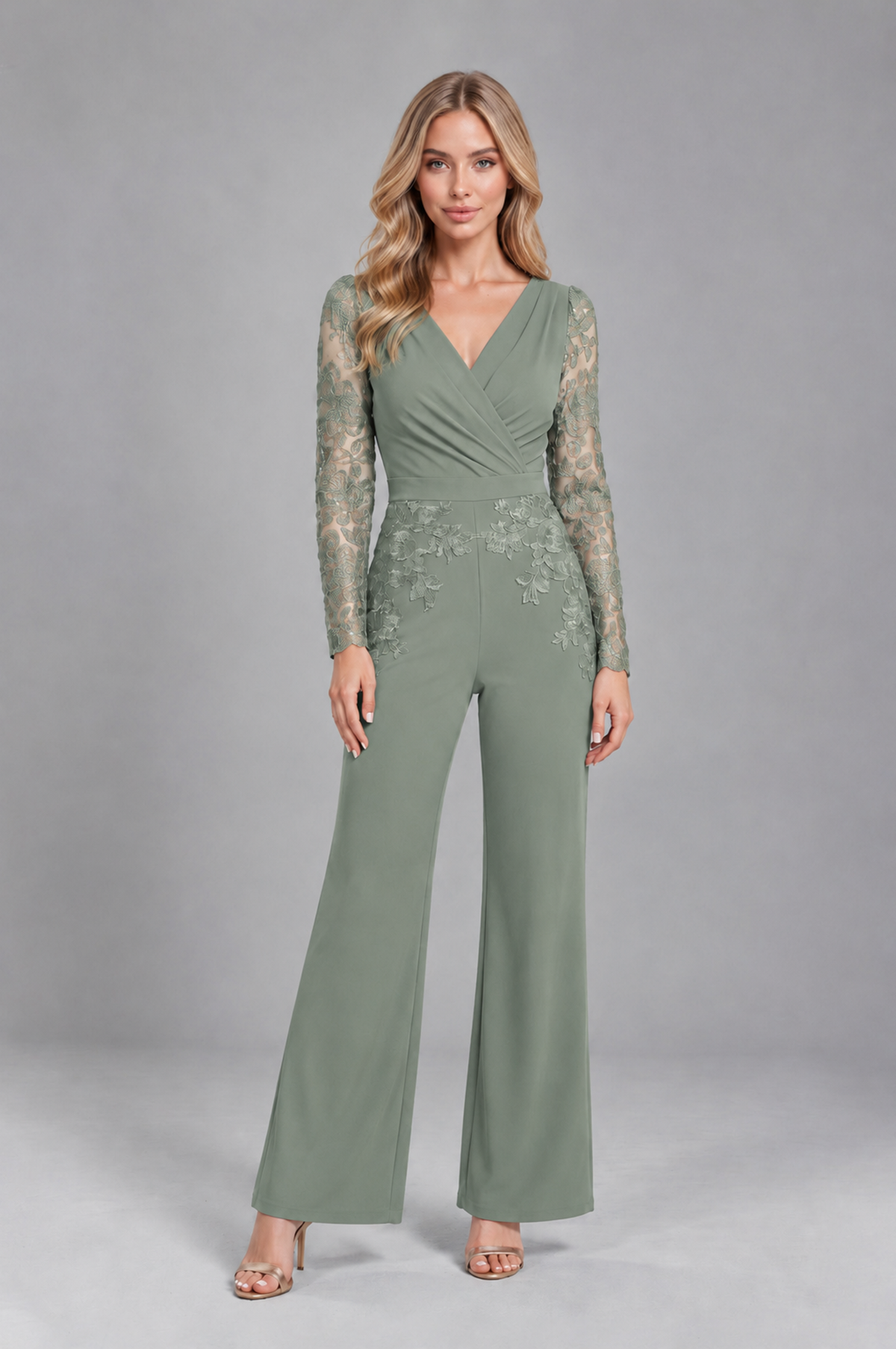 BOLODOO Dusty Sage Lace Long-Sleeve V-Neck Mother Pant Suit - Dusty Sage - Dusty Sage_1
