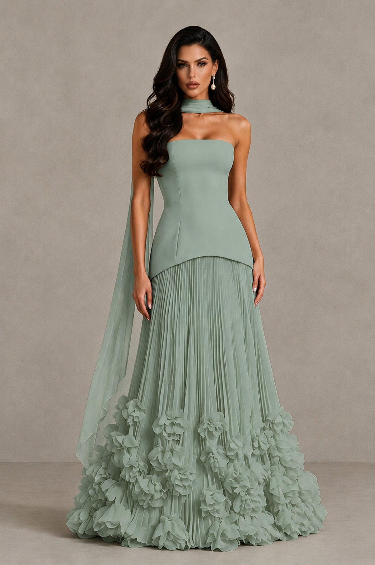 BOLODOO Dusty Sage Strapless Pleated Floral Hem Evening Gown - Dusty Sage - Dusty Sage_1