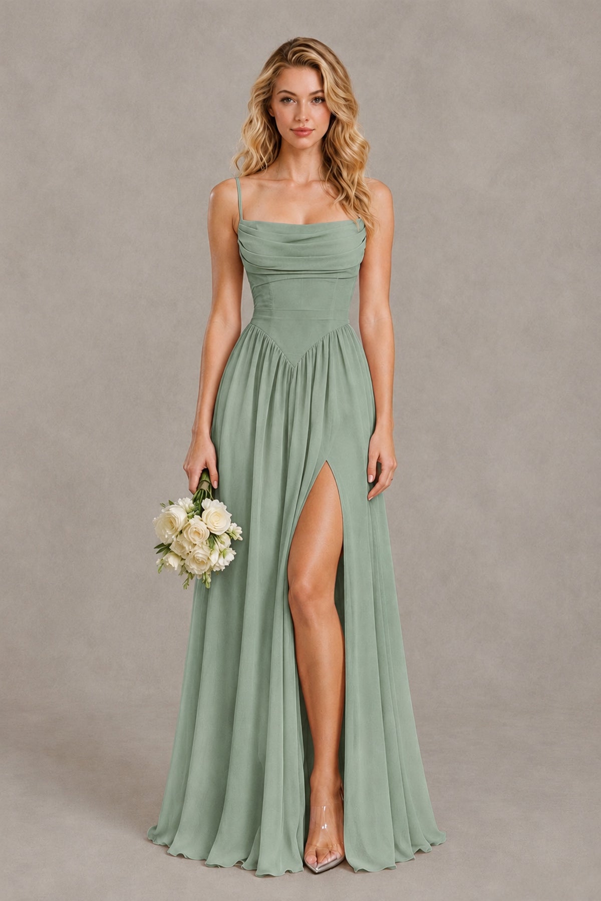 BOLODOO Dusty Sage Spaghetti Strap A-Line Bridesmaid Dress with Slit - Dusty Sage - Dusty Sage_1
