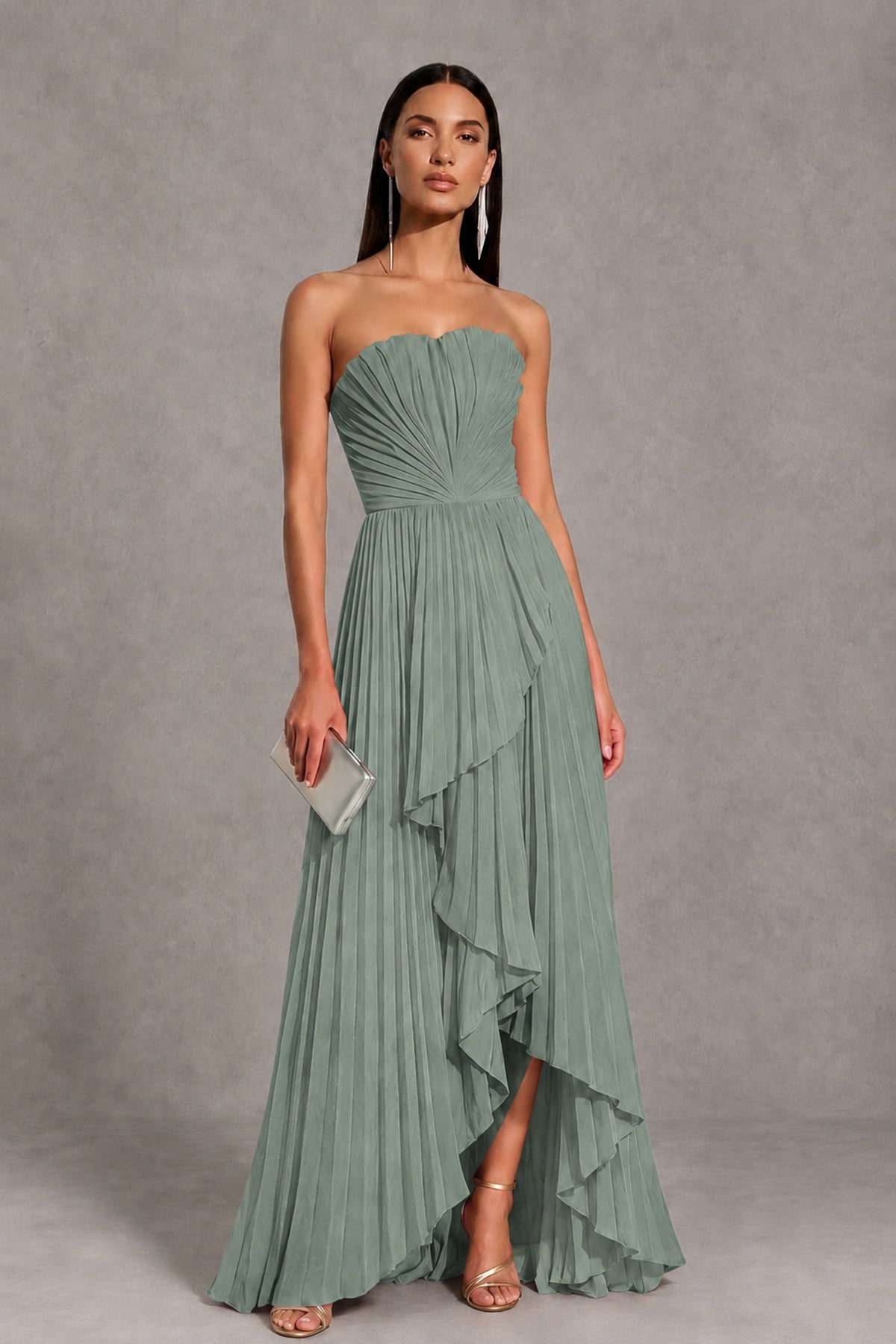 Dusty Sage Strapless Pleated High-Low Evening Gown with Ruffle Hem - Dusty Sage - Dusty_Sage_1