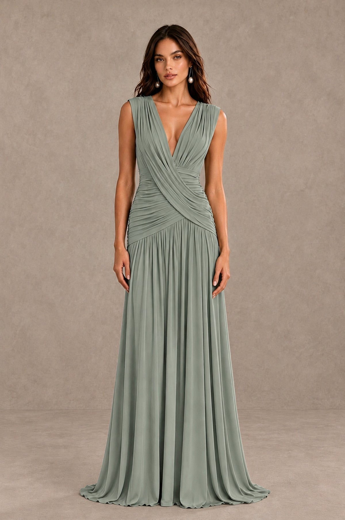 BOLODOO Dusty Sage V-Neck Ruched Wedding Guest Dress - Dusty Sage - Dusty Sage_1