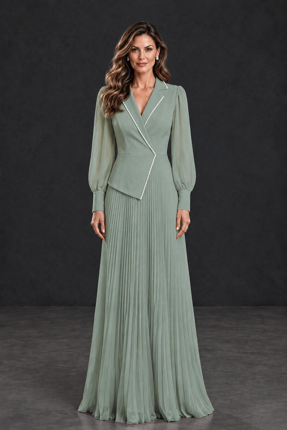 BOLODOO Dusty Sage Long Sleeve Pleated Mother of the Bride Dress - Dusty Sage - Dusty Sage_1