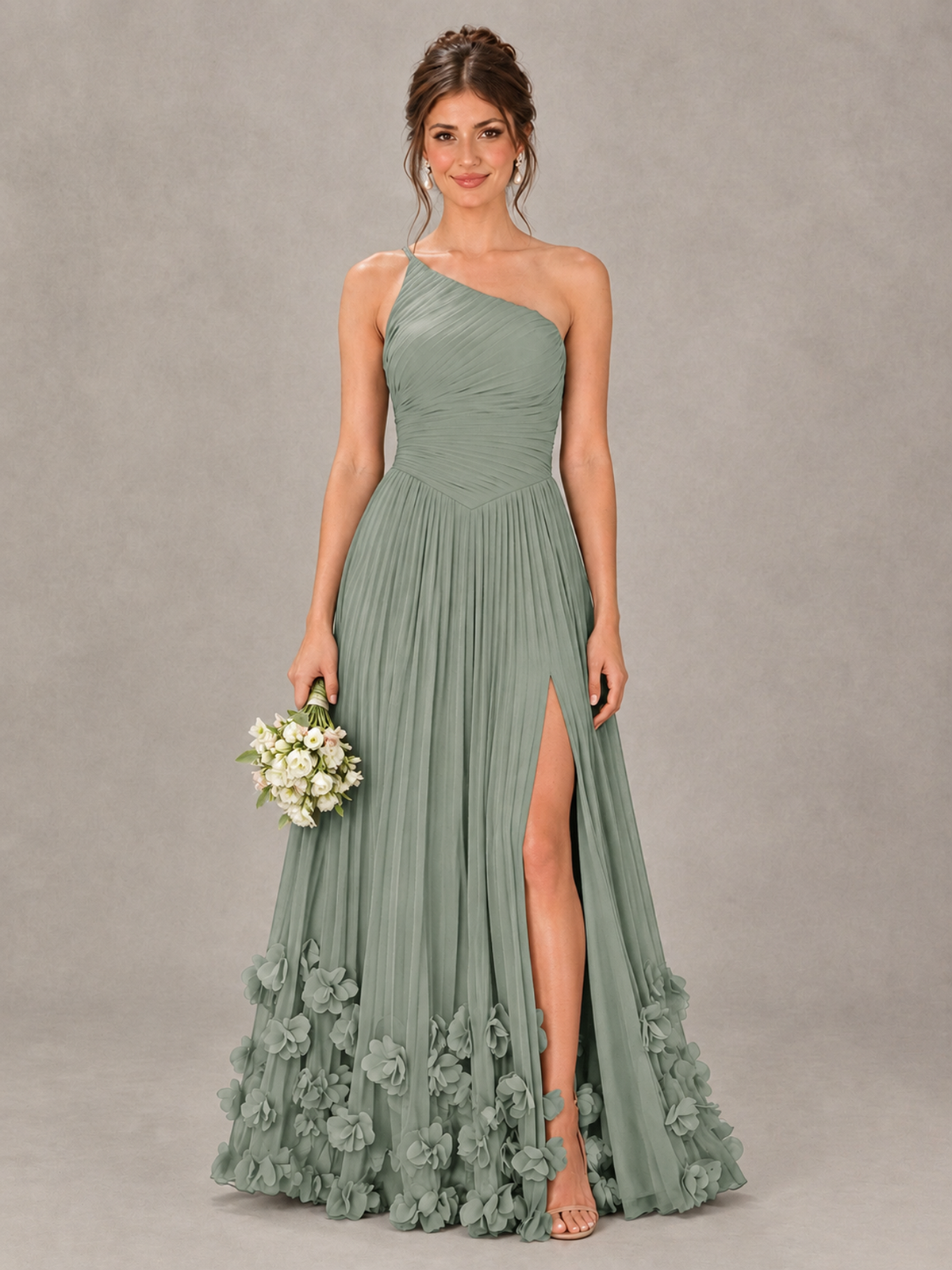 BOLODOO Dusty Sage One-Shoulder Pleated Bridesmaid Dress with 3D Floral Hem - Dusty Sage - Dusty Sage_1