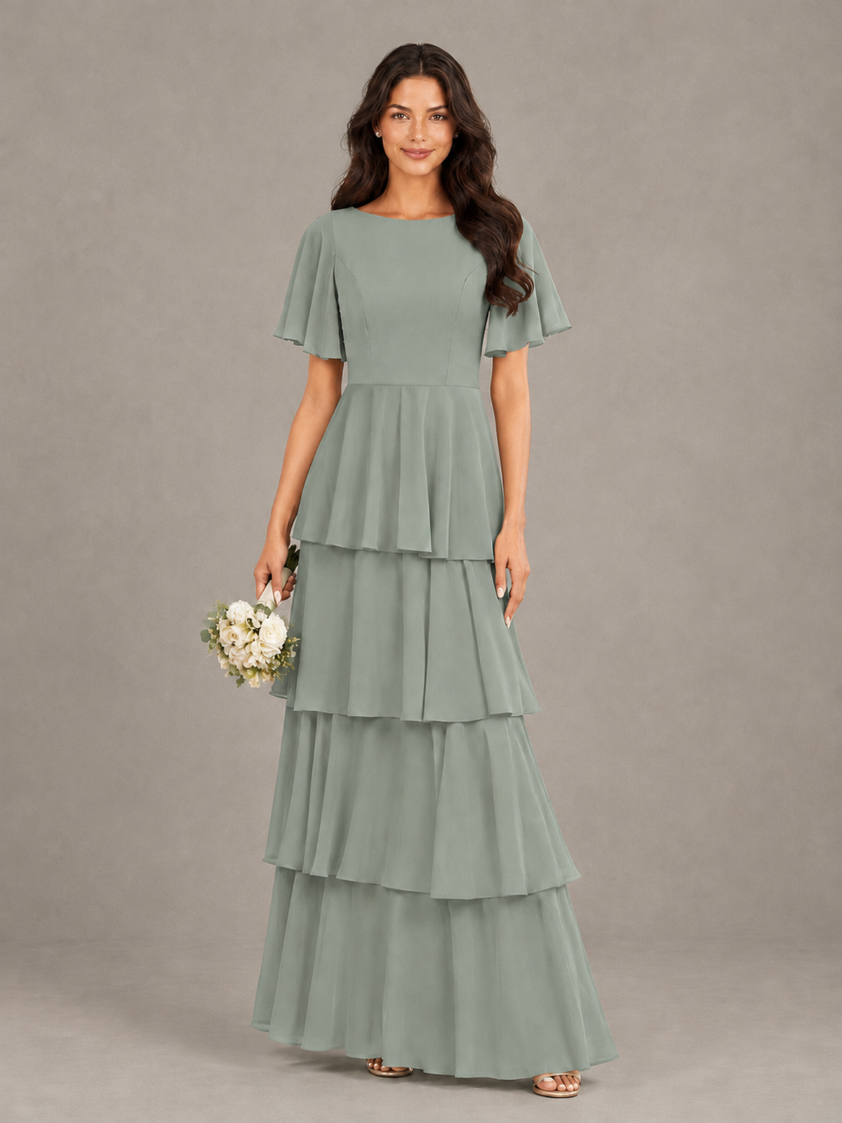BOLODOO Dusty Sage Tiered Flutter Sleeve Bridesmaid Dress - Dusty Sage - Dusty Sage_1