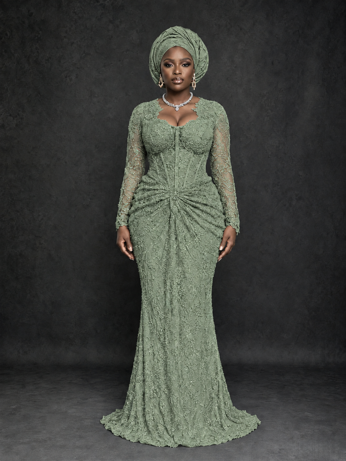 BOLODOO Dusty Sage Beaded Lace Long Sleeve Mermaid Gown Sweetheart | Mother of the Bride - Dusty Sage - Dusty Sage_1