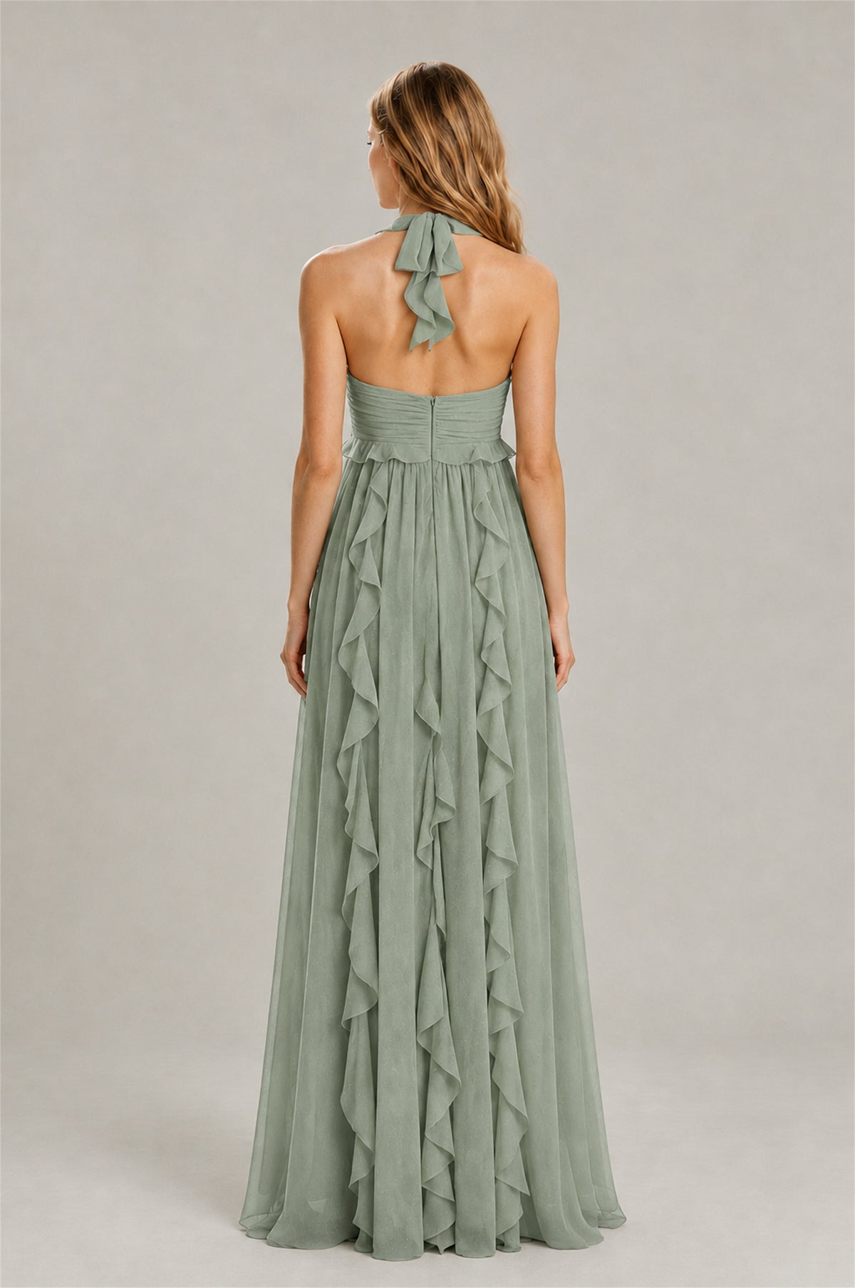 BOLODOO Dusty Sage Halter Ruffle A-Line Floor-Length Evening Dress - Dusty Sage - Dusty_Sage_2