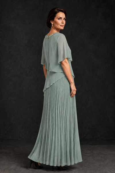 BOLODOO Dusty Sage Pearl Beaded Neck Asymmetric Tiered Flutter Sleeve Pleated Chiffon Maxi Dress - Dusty Sage - Dusty_Sage_2