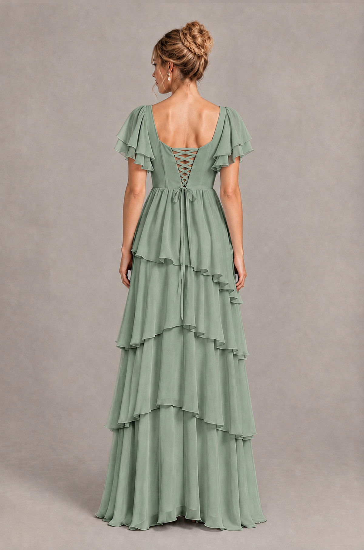 BOLODOO Dusty Sage Square Neck Flutter Sleeve Tiered Chiffon Bridesmaid Dress with Lace-Up Back - Dusty Sage - Dusty Sage_2