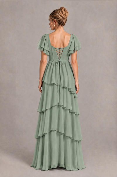 BOLODOO Dusty Sage Square Neck Flutter Sleeve Tiered Chiffon Bridesmaid Dress with Lace-Up Back - Dusty Sage - Dusty Sage_2