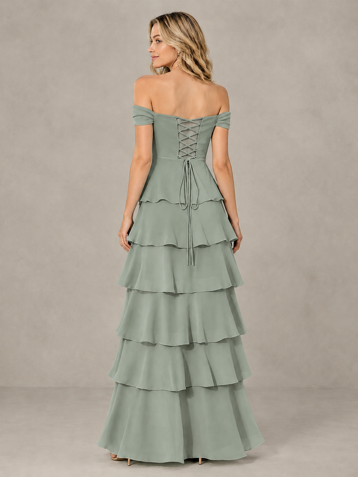 BOLODOO Dusty Sage Off-Shoulder Tiered Ruffle Bridesmaid Dress with Lace-Up Back - Dusty Sage - Dusty Sage_2