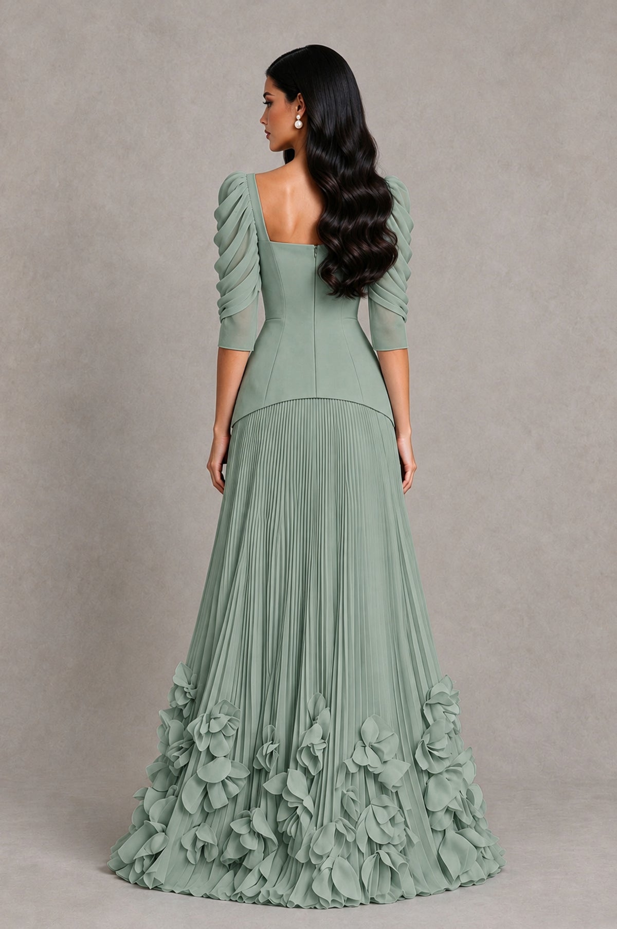 BOLODOO Dusty Sage Square Neck Pleated Floral Applique Evening Dress - Dusty Sage - Dusty Sage_2