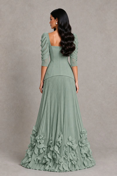 BOLODOO Dusty Sage Square Neck Pleated Floral Applique Evening Dress - Dusty Sage - Dusty Sage_2
