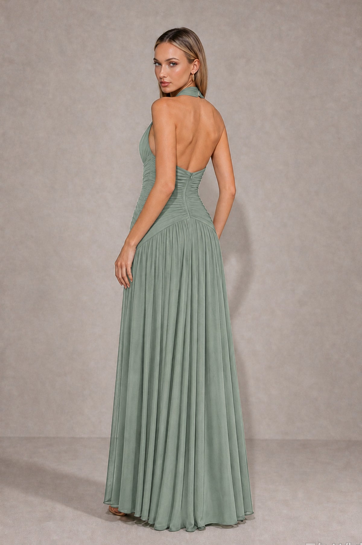 BOLODOO Dusty Sage Chiffon Halter Deep V-Neck Ruched A-Line Backless Maxi Dress with Train-BD0167 - Dusty Sage - Dusty Sage_2