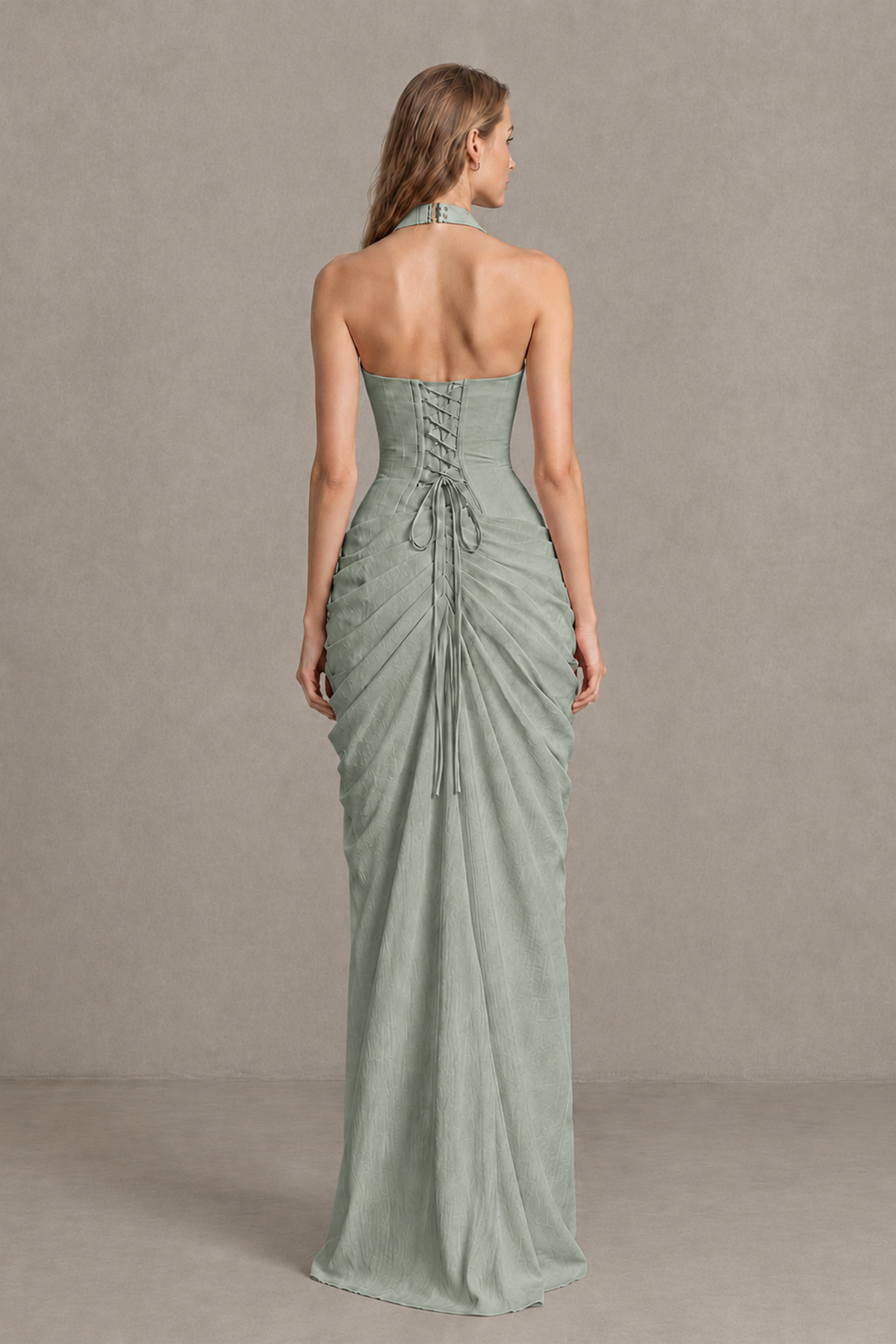 BOLODOO Dusty Sage Halter Neck Ruched Maxi Dress with High Slit - Dusty Sage - Dusty_Sage_2