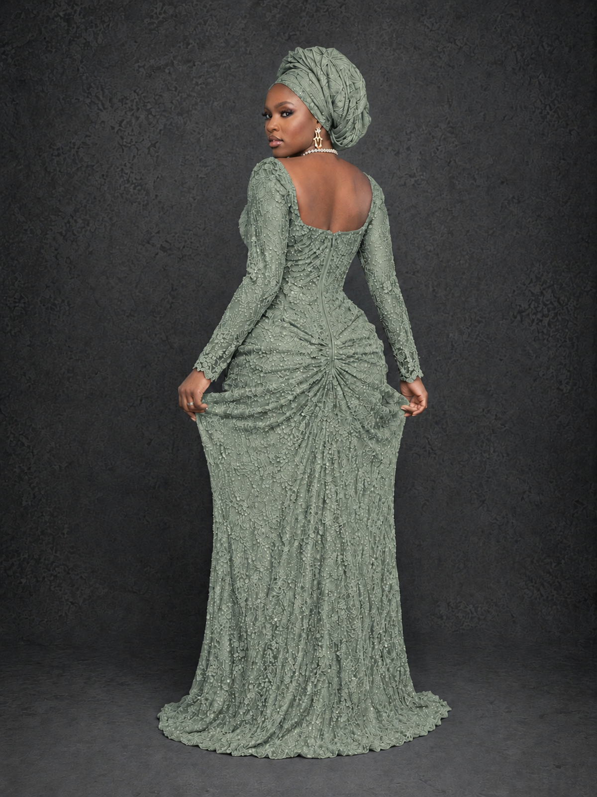 BOLODOO Dusty Sage Beaded Lace Long Sleeve Mermaid Gown Sweetheart | Mother of the Bride - Dusty Sage - Dusty Sage_2