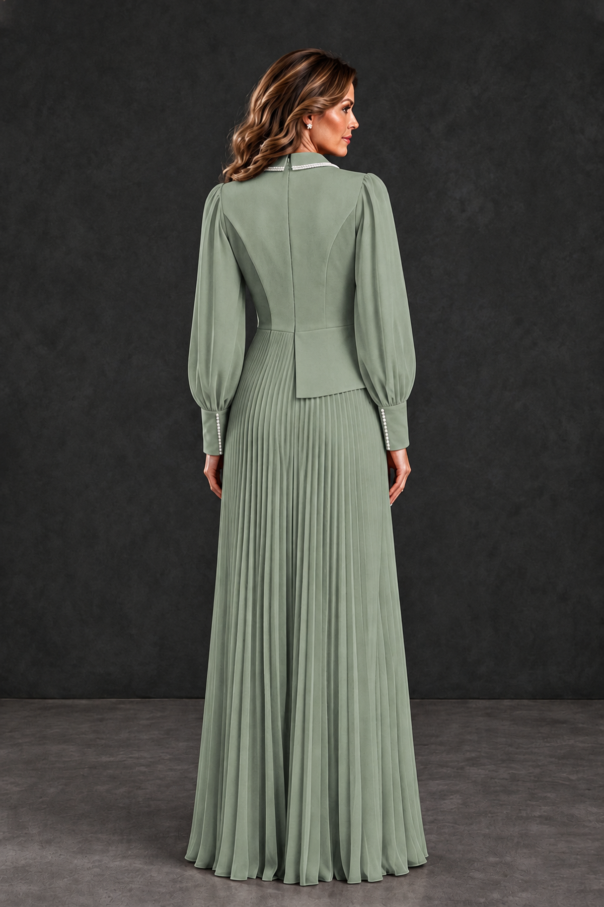 BOLODOO Dusty Sage Long Sleeve Pleated Mother of the Bride Dress - Dusty Sage - Dusty Sage_2
