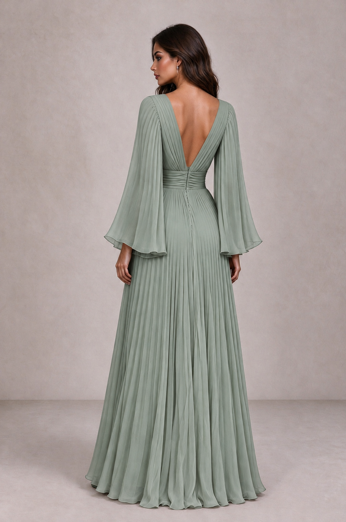 BOLODOO Dusty Sage Pleated Deep V-Neck Long Bell Sleeve Evening Dress - Dusty Sage - Dusty_Sage_2