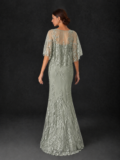 BOLODOO Dusty Sage Botanical Lace Flutter Sleeve Mermaid Gown - Dusty Sage - Dusty_Sage_2