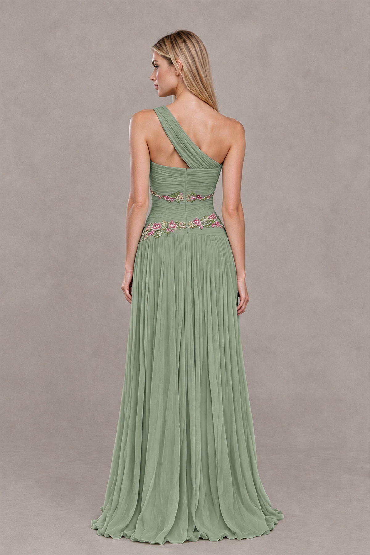 BOLODOO Dusty Sage One-Shoulder Floral Applique A-Line Evening Dress - Dusty Sage - Dusty Sage_2