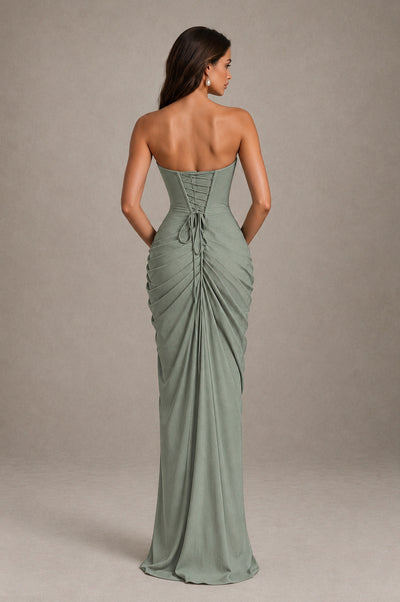 BOLODOO Strapless Draped Maxi Dress - Dusty Sage Backless Evening Gown with High Slit - Dusty Sage - Dusty Sage_2