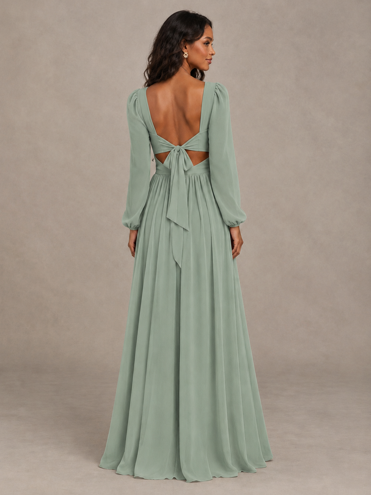 BOLODOO Dusty Sage V-Neck Long Sleeve Bridesmaid Dress with Tie Back and Slit - Dusty Sage - Dusty Sage_2