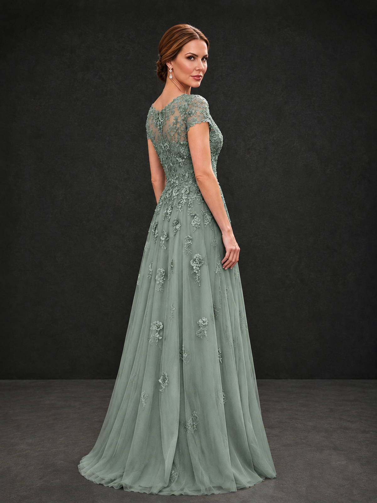 BOLODOO Dusty Sage Cap Sleeve Lace Appliqué A-Line Formal Gown | Mother of the Bride Dress - Dusty Sage - Dusty Sage_2