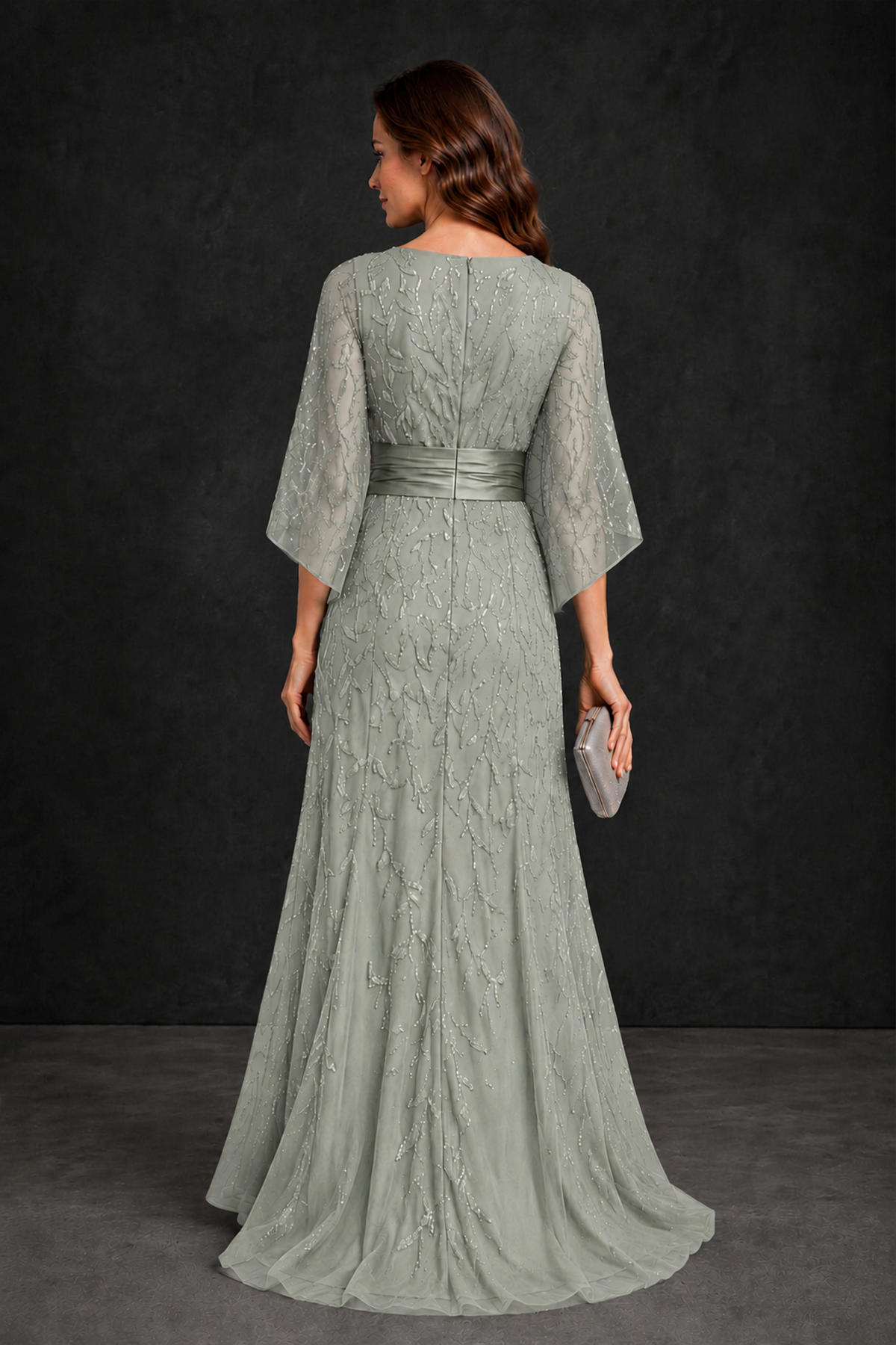BOLODOO Dusty Sage Bateau Neck Bell Sleeve Sequin Embroidered Satin Waist A-Line Maxi Dress - Dusty Sage - Dusty_Sage_2