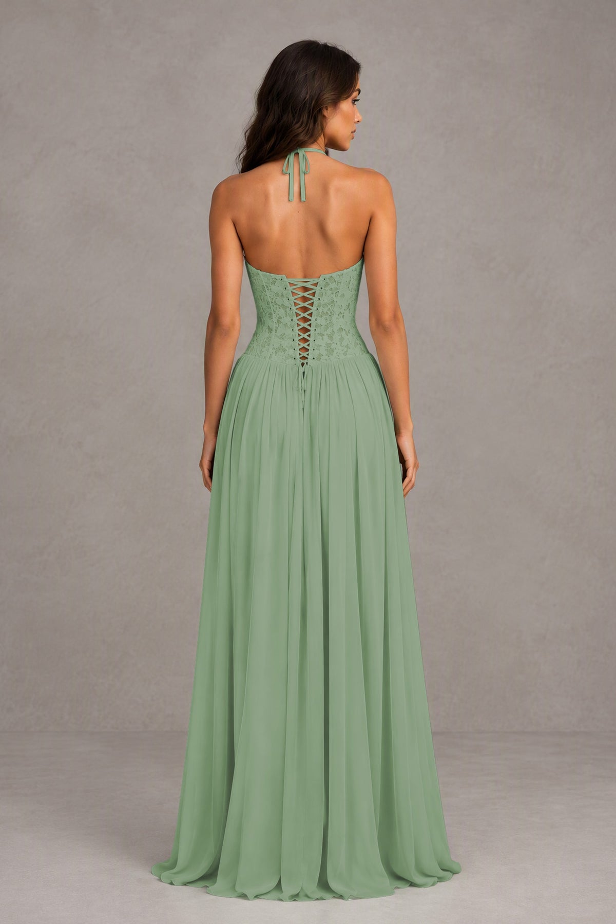 BOLODOO Dusty Sage Lace Corset Halter Maxi Gown – Backless A-Line Formal Dress - Dusty Sage - Dusty Sage(2)