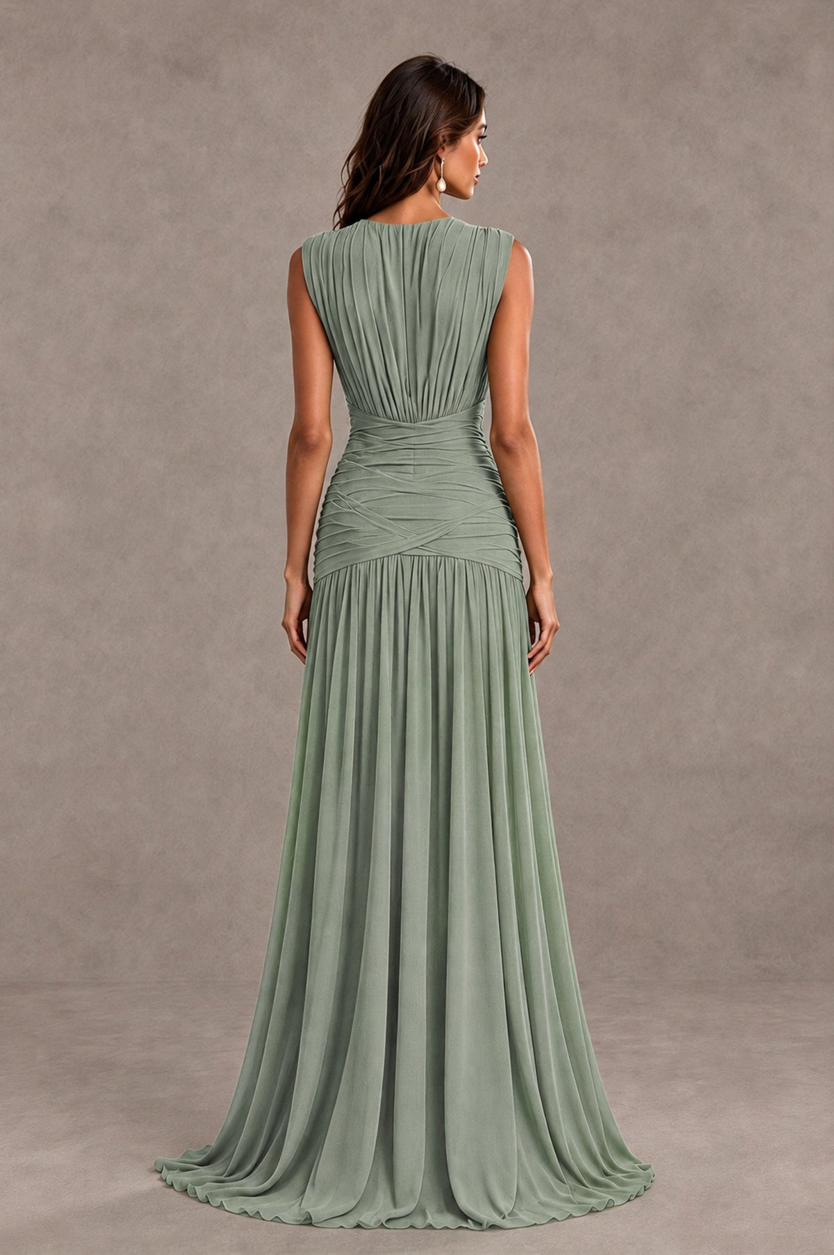 BOLODOO Dusty Sage V-Neck Ruched Wedding Guest Dress - Dusty Sage - Dusty Sage_2