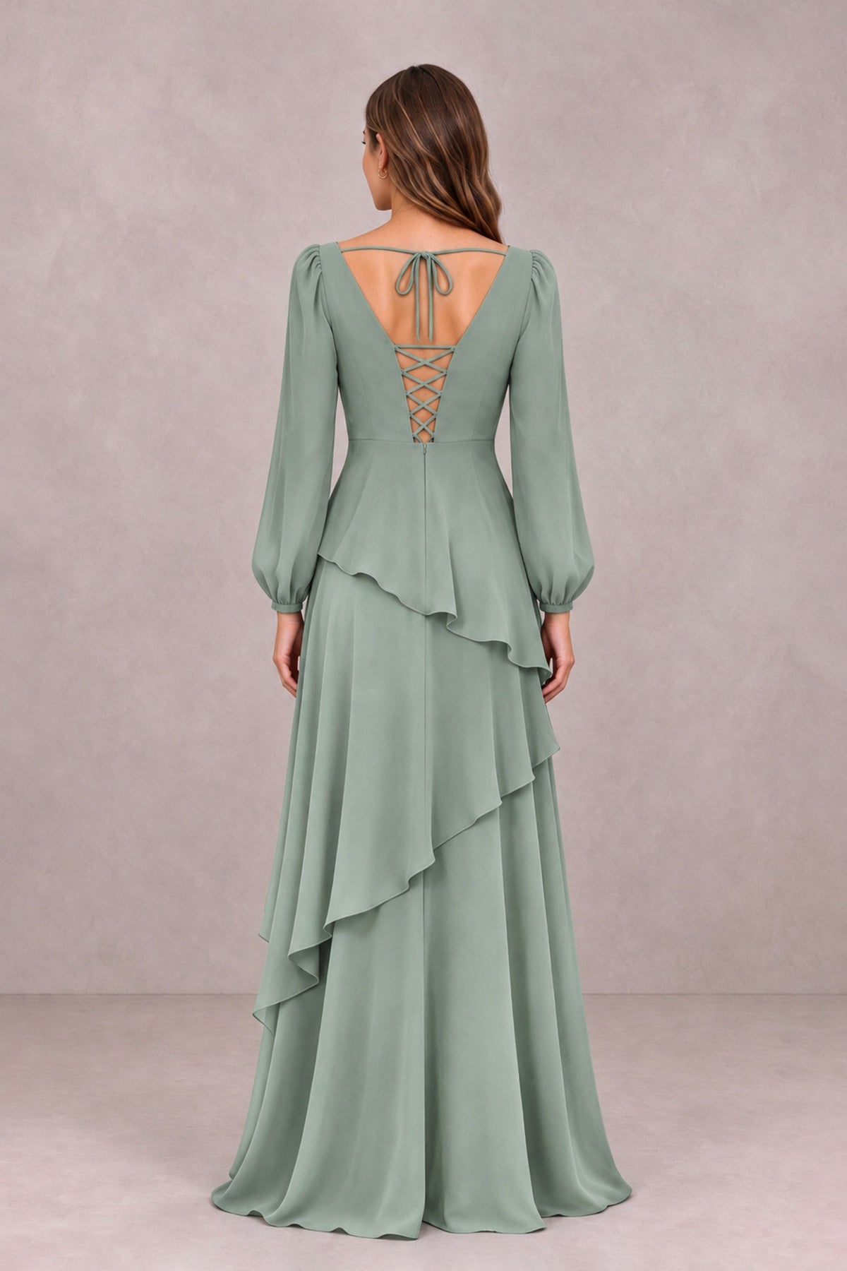 BOLODOO Dusty Sage Long Sleeve Ruffle Bridesmaid Dresses - Dusty Sage - Dusty Sage_2
