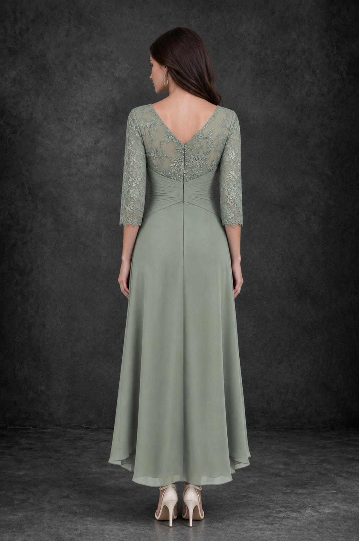 BOLODOO Dusty Sage Sequin Lace & Chiffon Tea-Length Mother of the Bride Dress with 3/4 Sleeves - Dusty Sage - Dusty_Sage_2