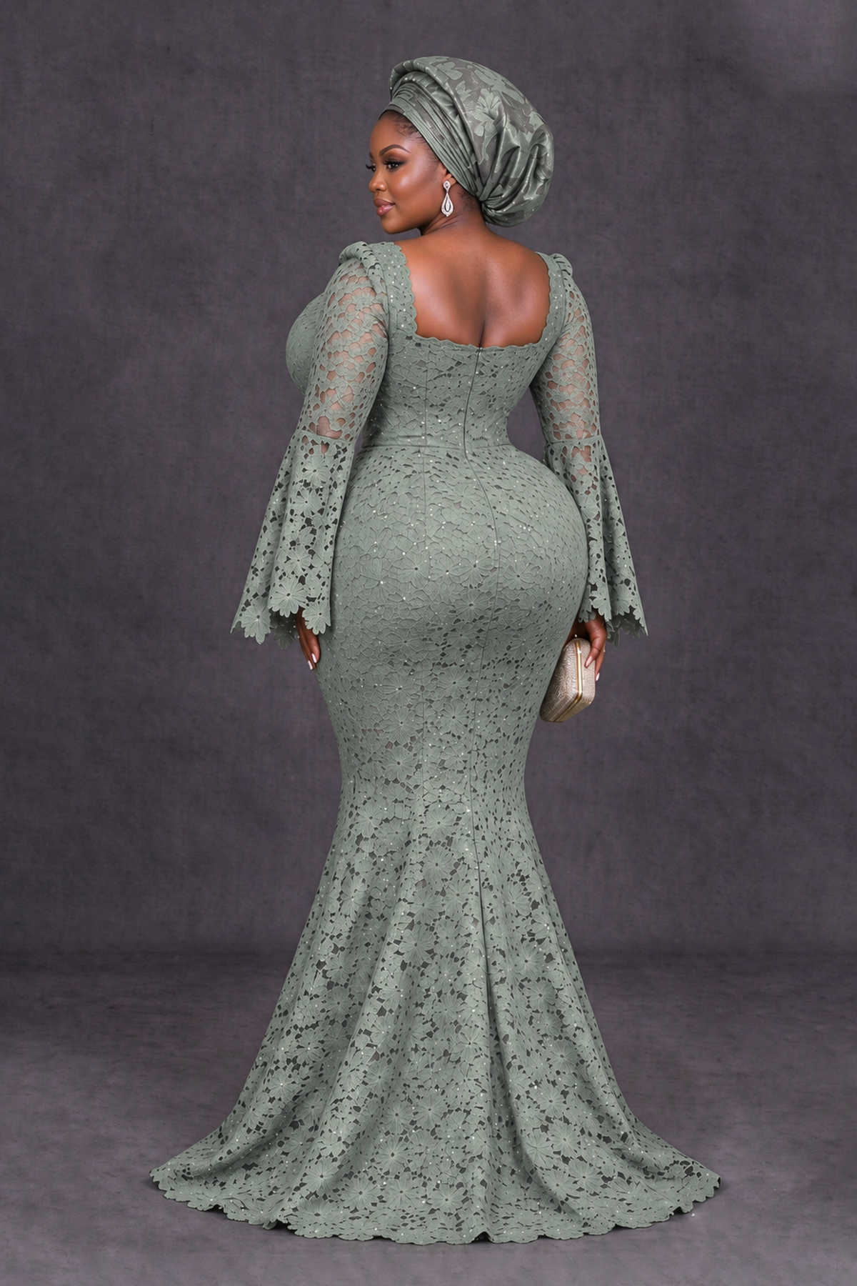 BOLODOO Dusty Sage African Lace Mermaid Dress, Plus Size Nigerian Wedding Guest Gown with Bell Sleeves - Dusty Sage - Dusty Sage_2