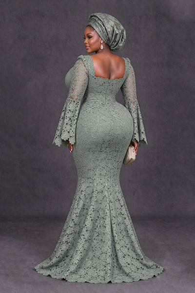 BOLODOO Dusty Sage African Lace Mermaid Dress, Plus Size Nigerian Wedding Guest Gown with Bell Sleeves - Dusty Sage - Dusty Sage_2