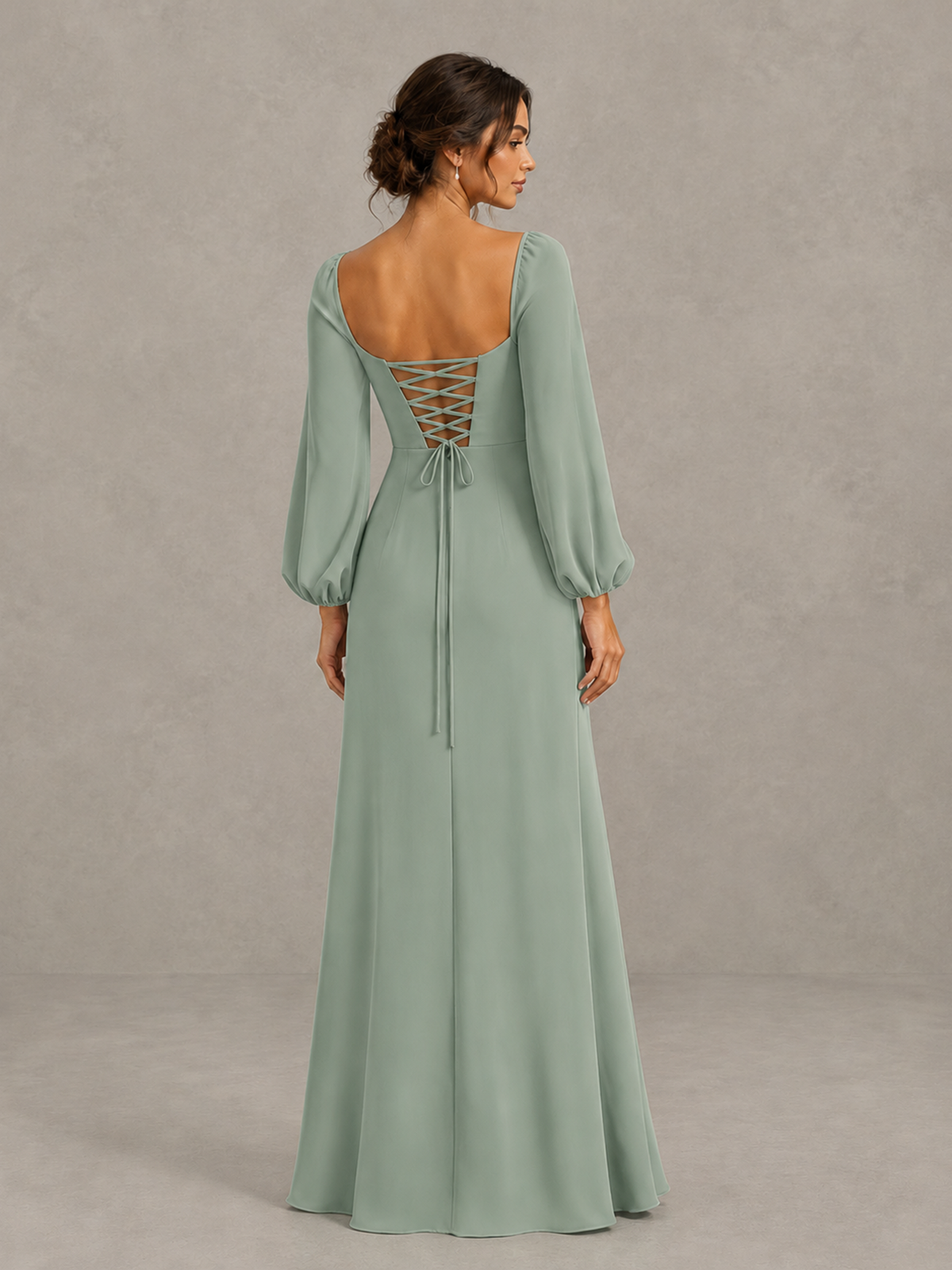 BOLODOO Dusty Sage Square Neck Long Sleeve Bridesmaid Dress with High Slit - Dusty Sage - Dusty Sage_2