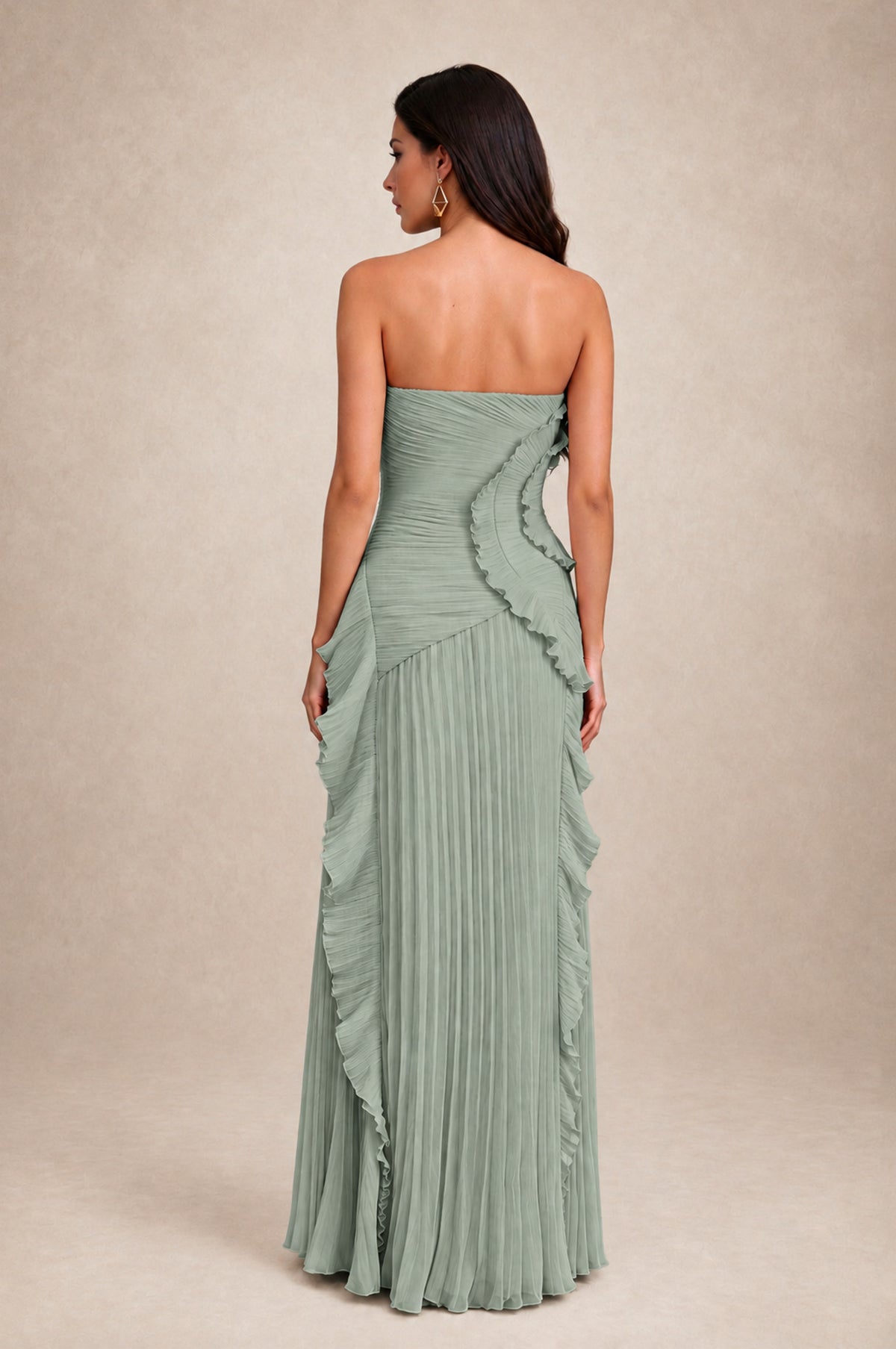 BOLODOO Dusty Sage Strapless Ruffle Pleated Slit Evening Gown - Dusty Sage - Dusty Sage_2