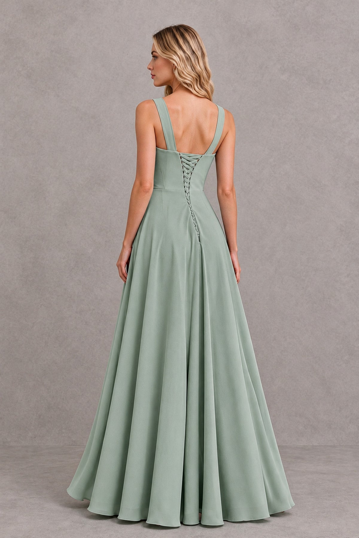 BOLODOO Dusty Sage Square Neck Ruffle A-Line Bridesmaid Dress with Slit - Dusty Sage - Dusty Sage_2