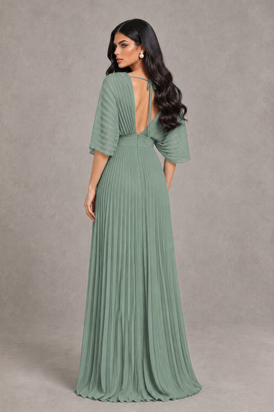 BOLODOO Dusty Sage V-Neck Pleated Flutter Sleeve Formal Dress - Dusty Sage - Dusty Sage_2