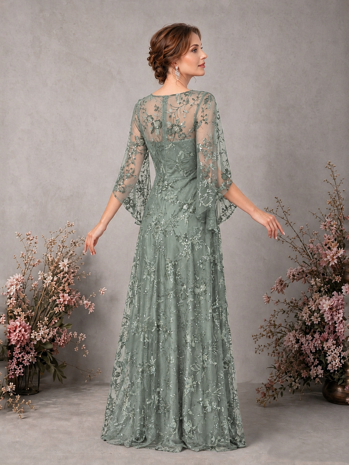 BOLODOO Dusty Sage Sequin Lace Cape Sleeve Formal Evening Gown - Dusty Sage - Dusty Sage_2