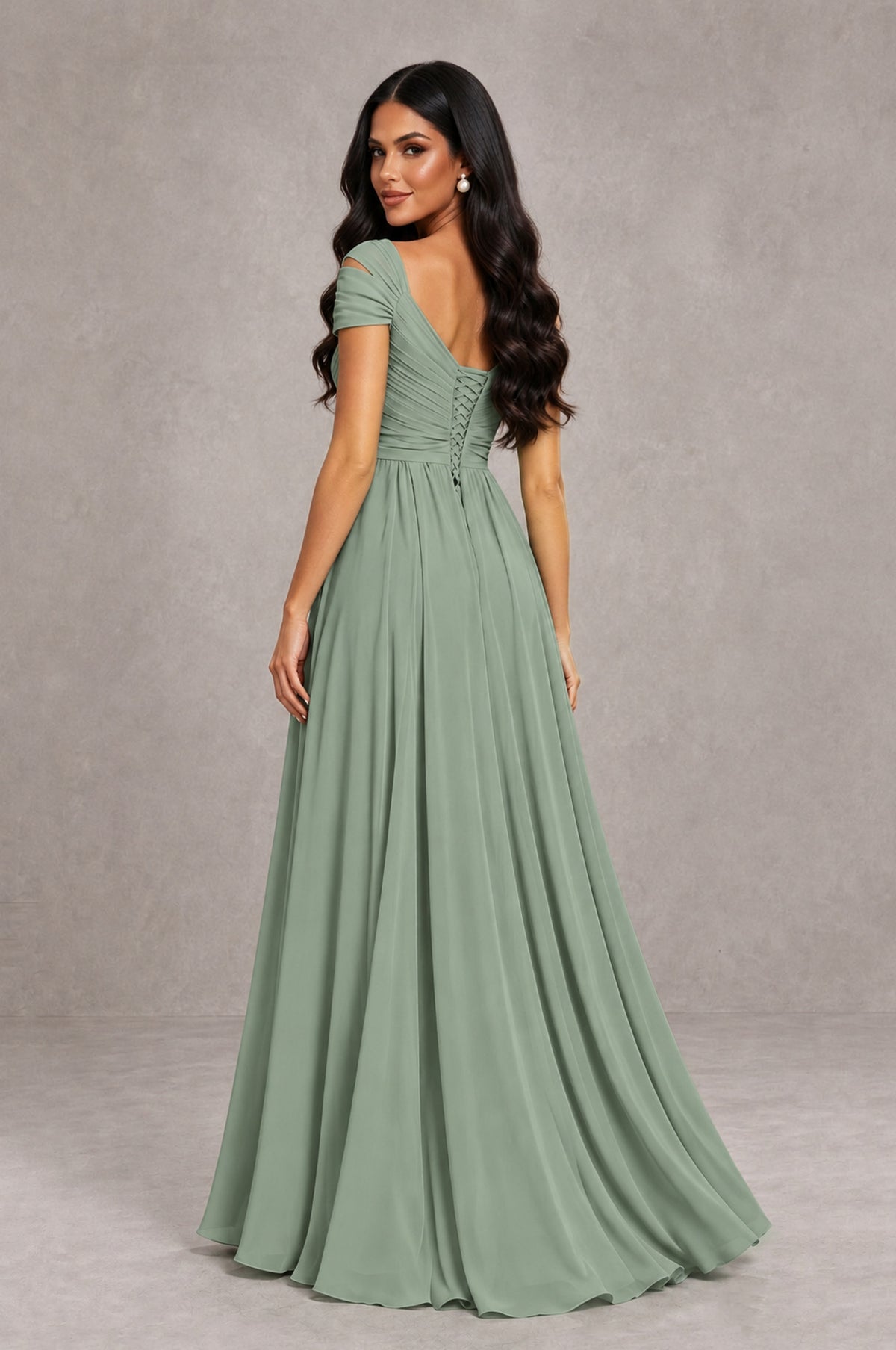 BOLODOO Dusty Sage Cold Shoulder Chiffon Evening Dress with V Neck and High Slit - Dusty Sage - Dusty Sage_2