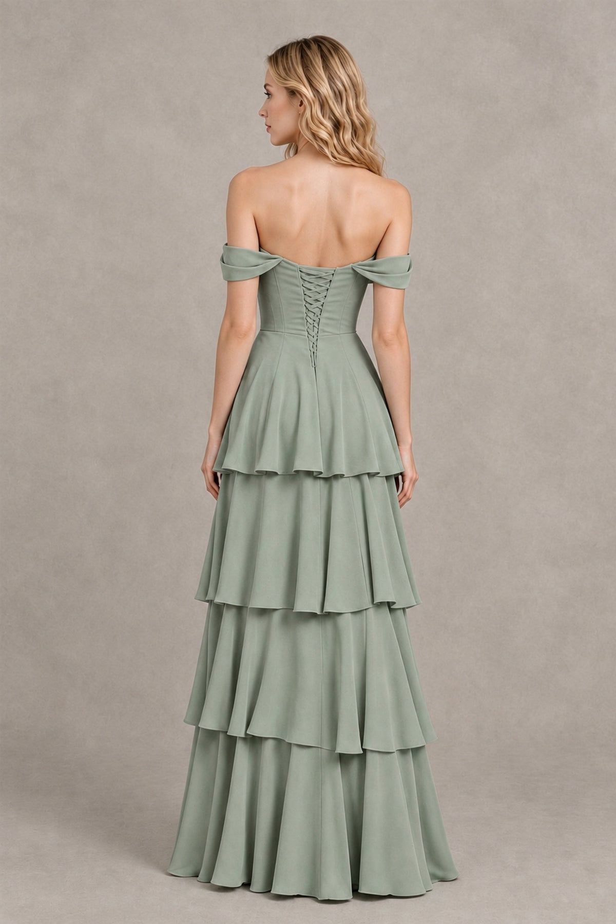 BOLODOO Dusty Sage Off-the-Shoulder Tiered A-Line Evening Bridesmaid Dress - Dusty Sage - Dusty Sage_2