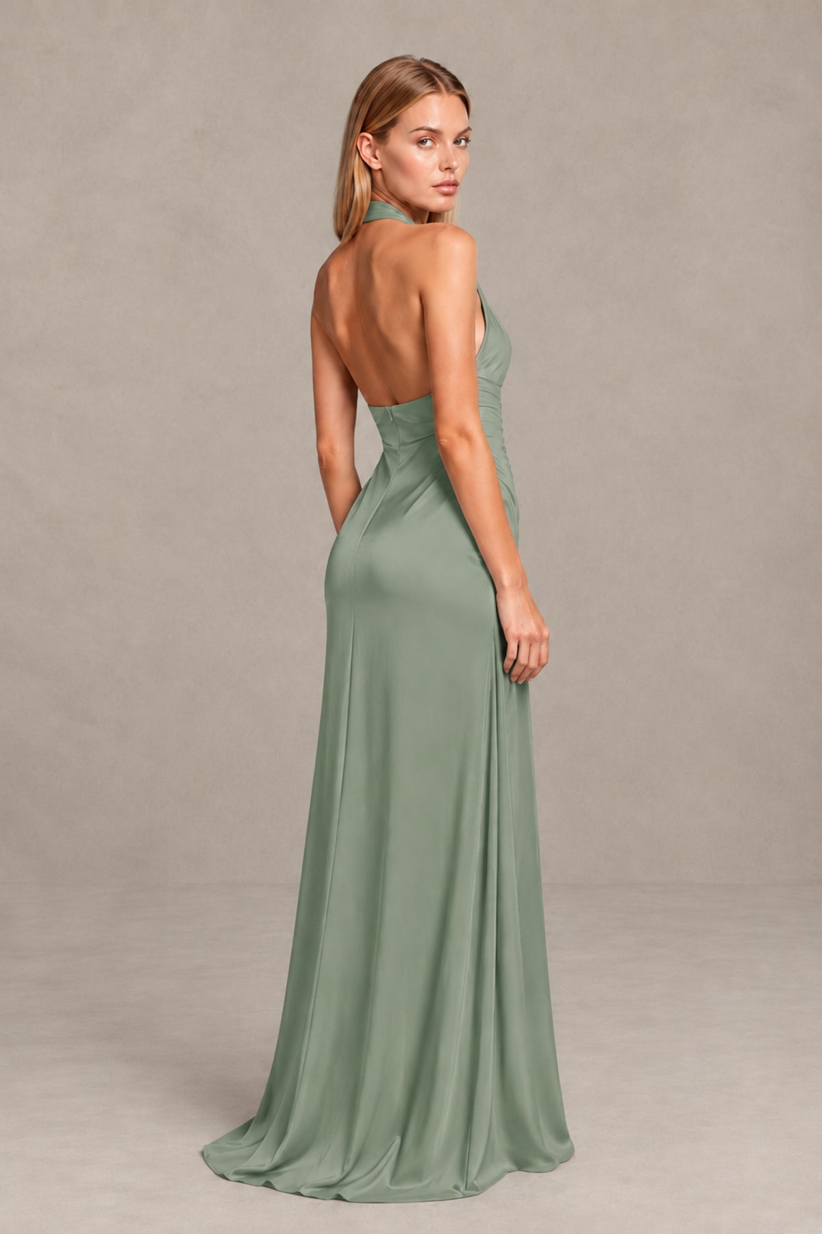 BOLODOO Dusty Sage Twisted Halter Neck Ruched Sleeveless Open Back Floor-Length Gown - Dusty Sage - Dusty_Sage_2