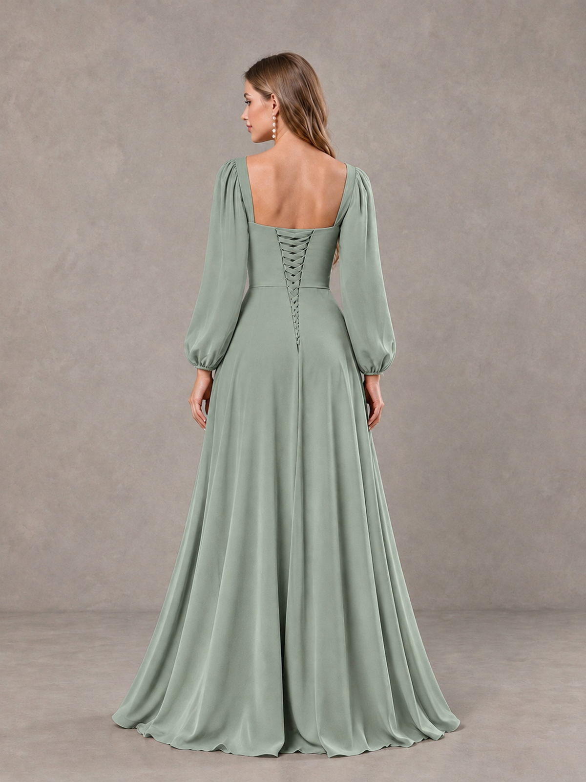 BOLODOO Dusty Sage Square Neck Long Sleeve Bridesmaid Dress with Ruffle Slit - Dusty Sage - Dusty Sage_2