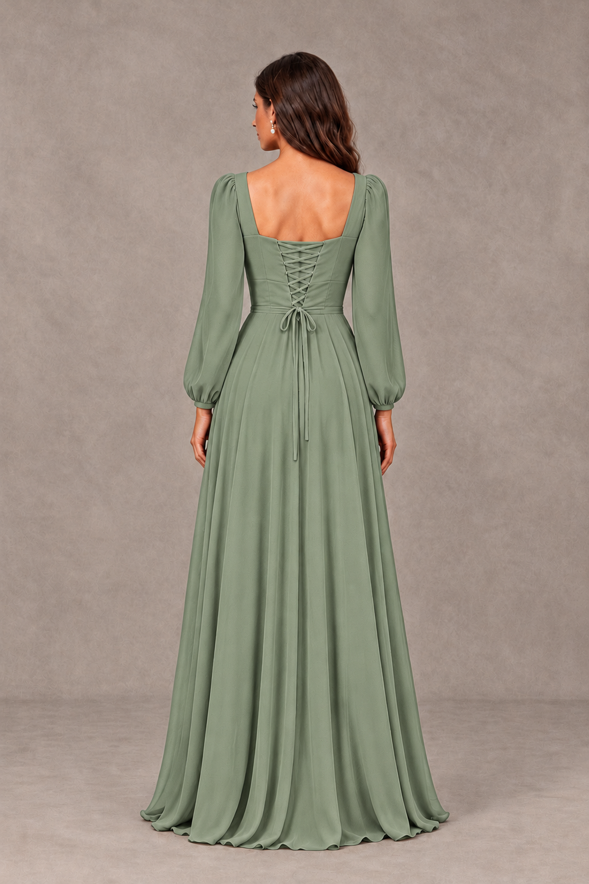 BOLODOO Dusty Sage Square Neck Long Sleeve A-Line Bridesmaid Dress - Dusty Sage - Dusty Sage_2