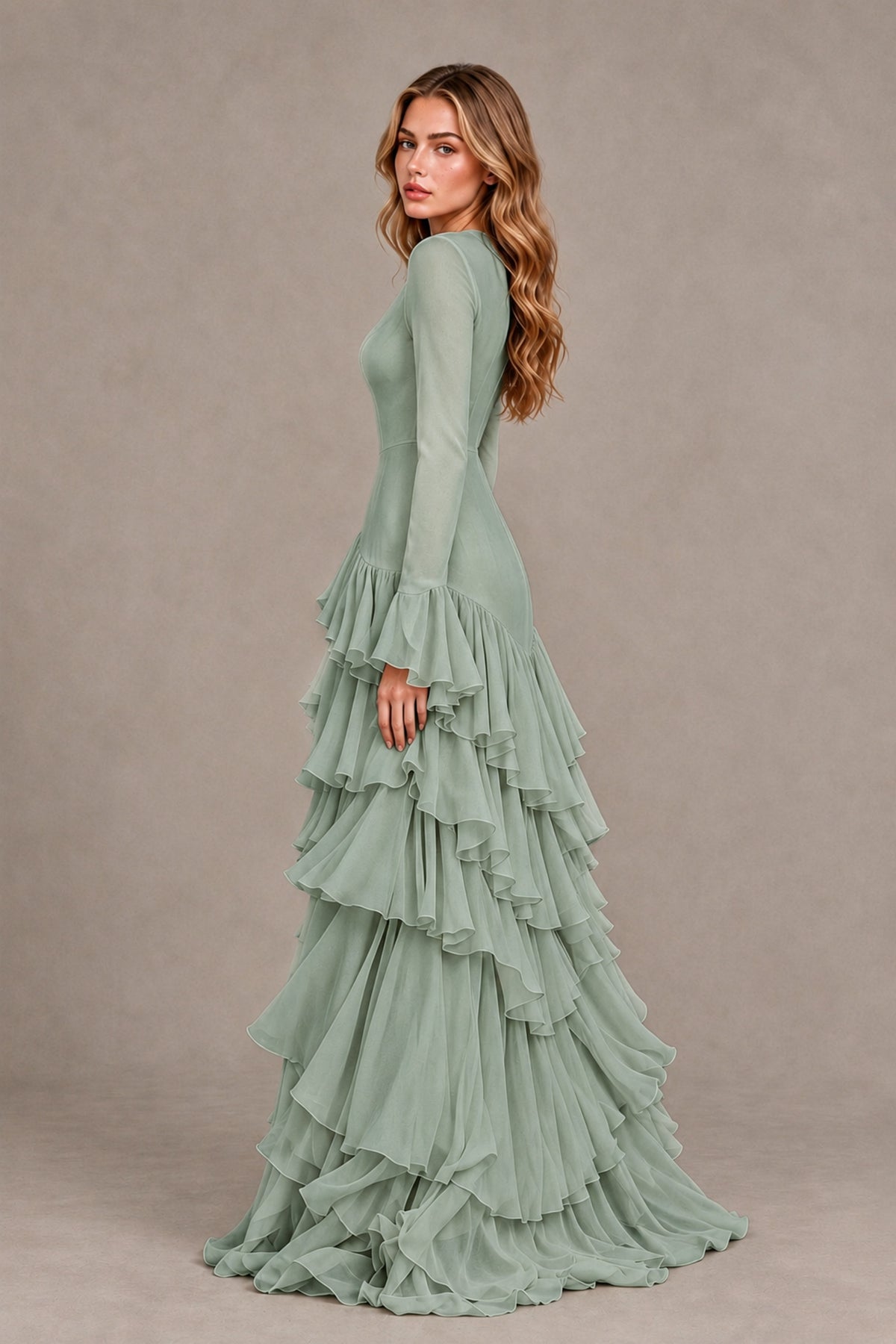 Dusty Sage Long Sleeve Tiered Ruffle Evening Gown - Dusty Sage - Dusty Sage_2